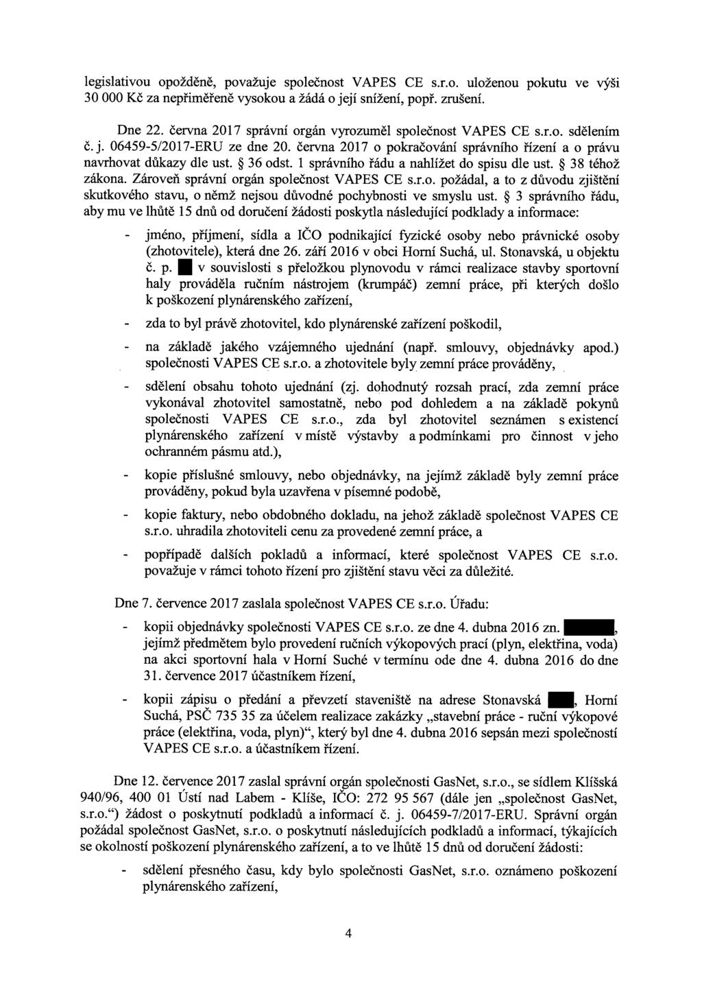 legislativou opožděně, povazuje společnost VAPES CE s.r.o. uloženou pokutu ve výši 30000 Kč za nepřiměřeně vysokou a žádá o její snížení, popř. zrušení. Dne 22.