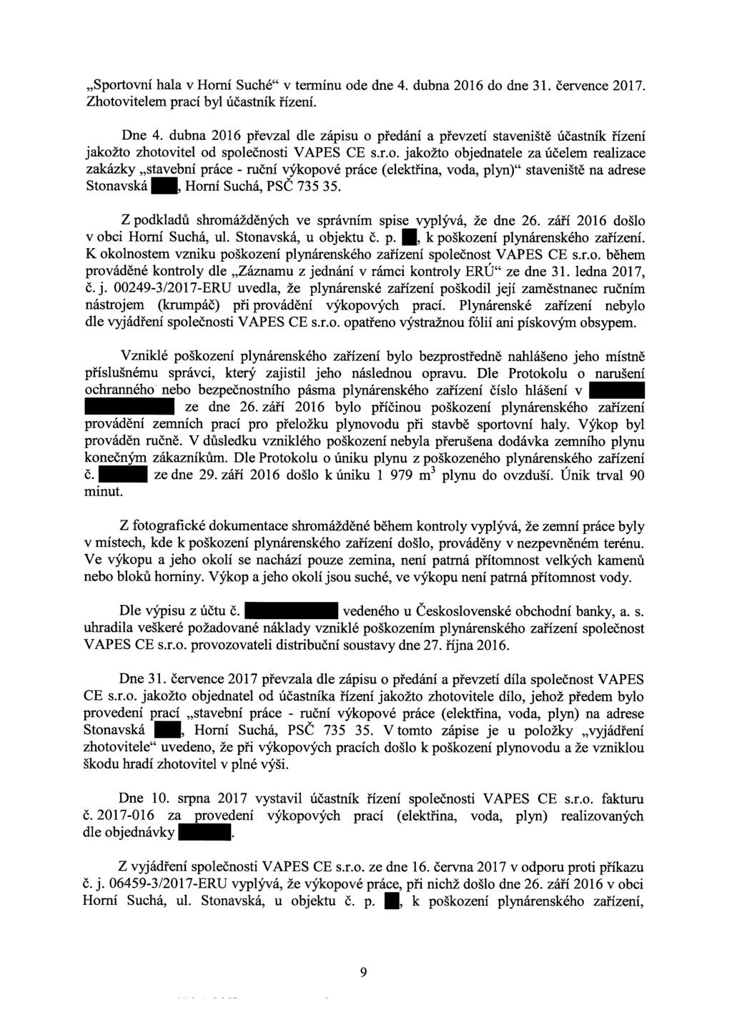 "Sportovní hala v Horní Suché" v termínu ode dne 4. dubna 2016 do dne 31. července 2017. Zhotovitelem prací byl účastník řízení. Dne 4.