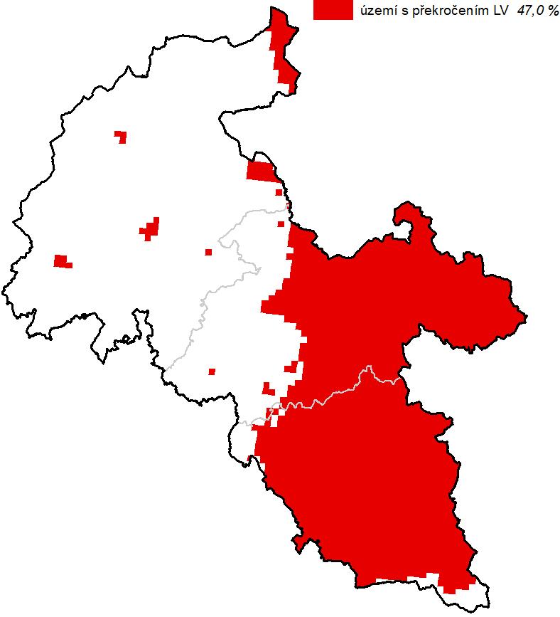 Obrázek 8: Území s překročením imisních limitů, zóna CZ08Z Moravskoslezsko,