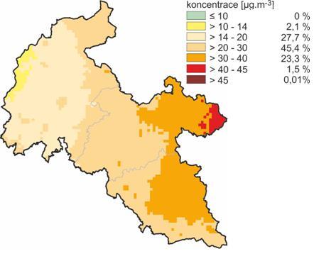 Obrázek 11: Pole průměrné roční koncentrace PM 10, zóna CZ08Z Moravskoslezsko, rok 2011 Zdroj dat: ČHMÚ Obrázek 12: Pole průměrné roční koncentrace