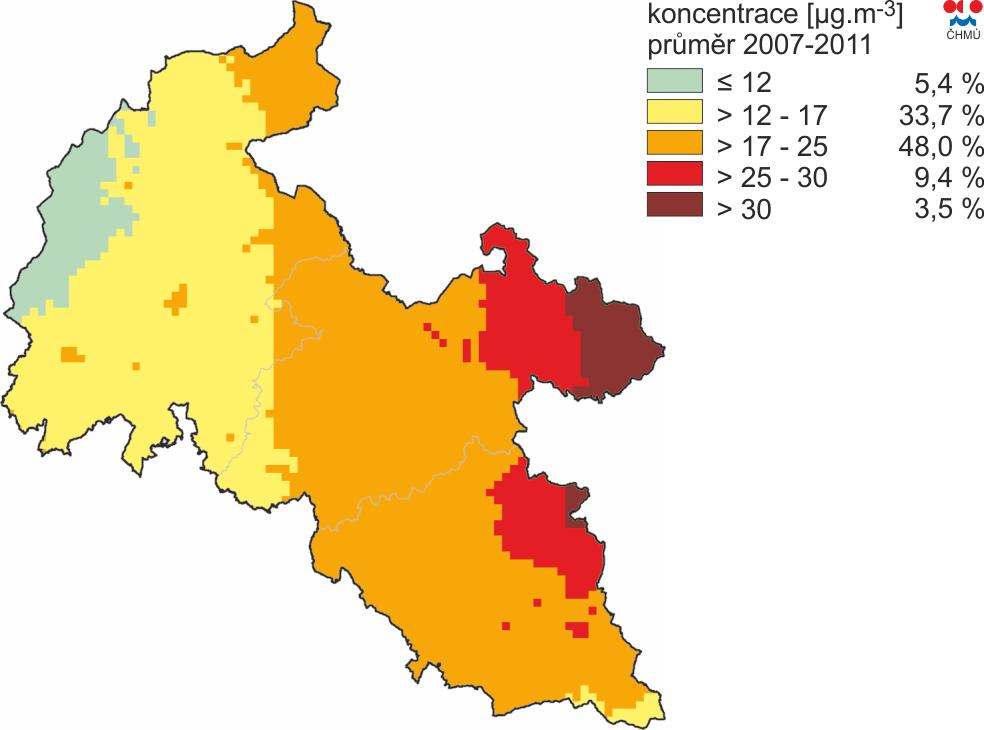 koncentrace PM 2,5, zóna CZ08Z Moravskoslezsko, pětiletý průměr za roky