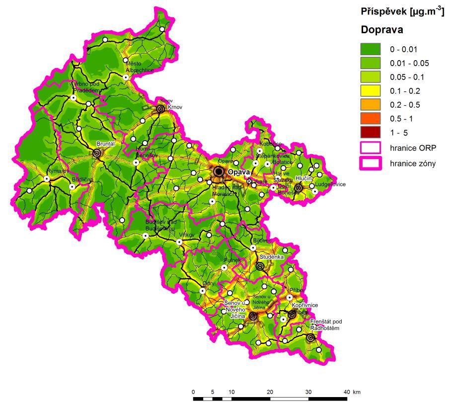 Obrázek 36: Příspěvek mobilních zdrojů (Doprava) k průměrné roční koncentraci PM 2,5, stav roku 2011, zóna CZ08Z Moravskoslezsko Průměrné roční koncentrace benzo(a)pyrenu Na území zóny CZ08Z