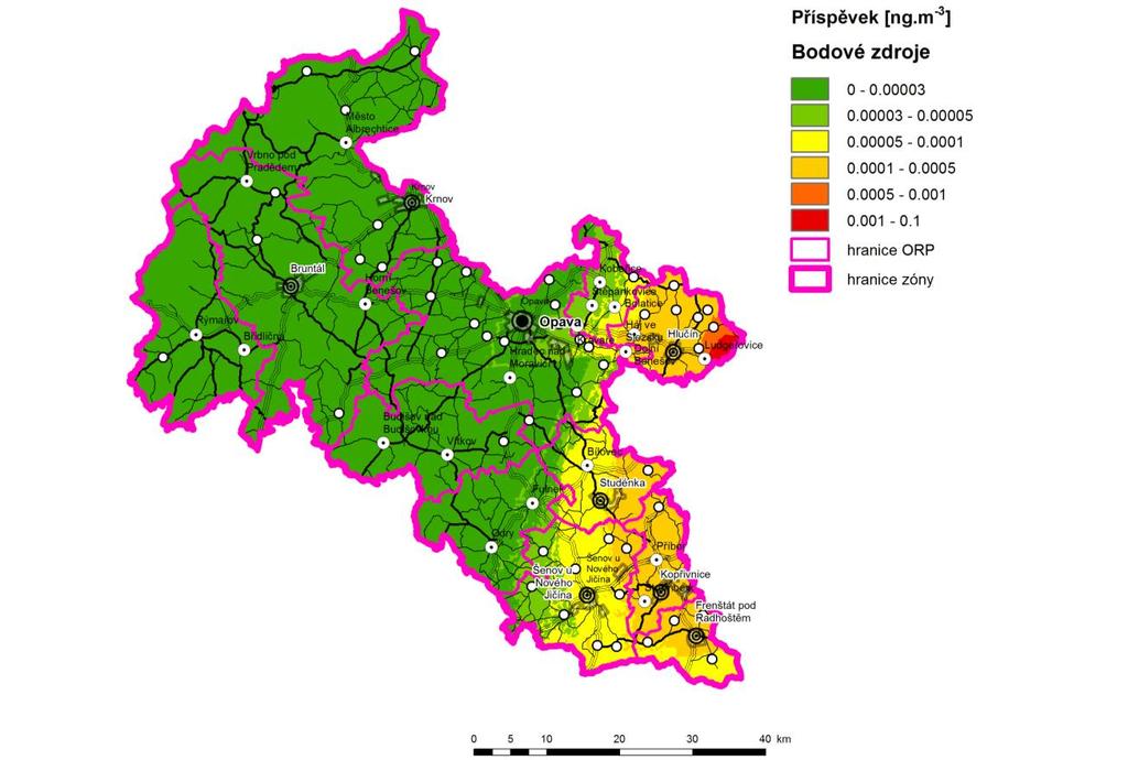 Obrázek 39: Příspěvek skupiny vyjmenovaných zdrojů (Bodové zdroje) k průměrné roční koncentraci benzo(a)pyrenu, stav roku 2011, zóna CZ08Z Moravskoslezsko C.6.