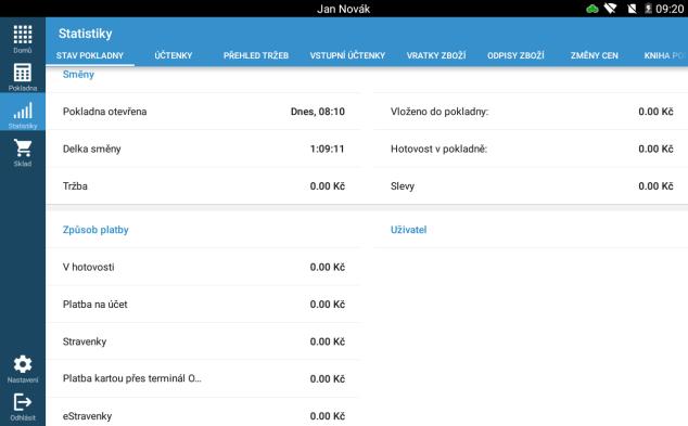 3.1 Statistiky 3.2 Stav pokladny Cesta: Statistika -> Stav pokladny Zobrazí aktuální stav pokladny od posledního otevření pokladny, s vkladem podle uživatelů a způsobů platby.