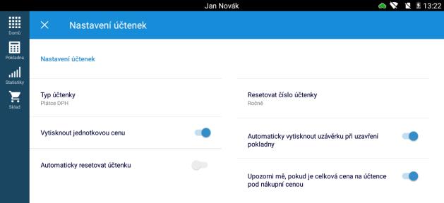 5.1 Nastavení 5.2 Pokladna 5.3 Nastavení účtenek Cesta: Nastavení -> Pokladna -> Nastavení účtenek Umožňuje individuální nastavení pokladny.