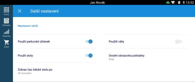 5.5 Další nastavení Cesta: Nastavení -> Pokladna -> Další nastavení Nastavení stolů Použít parkování účtenek - umožní zadat objednávku bez stolu Použít stoly - povolí obrazovku se stoly Zobrazit čas