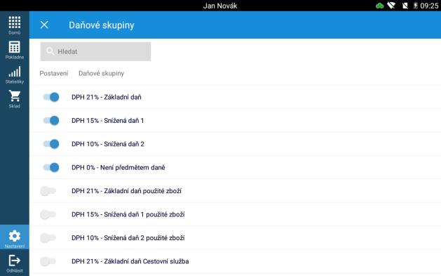 5.7 Daňové skupiny Cesta: Nastavení -> Pokladna -> Daňové skupiny Umožňuje vybrat DPH, se kterými bude pokladna pracovat. 5.