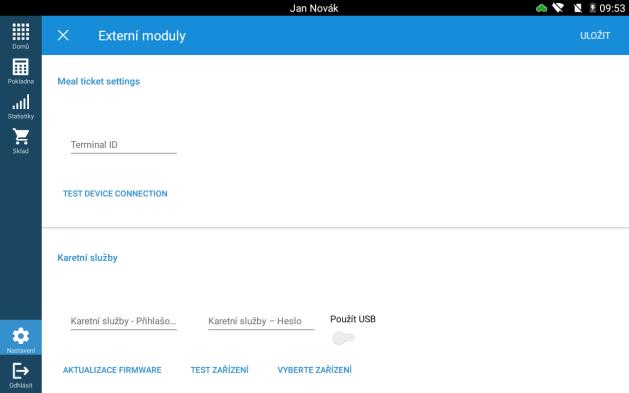 5.10 Karetní služby Cesta: Nastavení -> Pokladna -> Karetní služby Obsahuje konfigurace pro platební terminály. Meal ticket settings Konfigurace pro estravenky - vyplňujeme pouze ID terminálu.