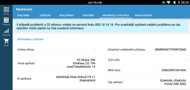 5.21 Informace o aplikaci Cesta: Nastavení -> Informace o aplikaci Zobrazí informace k aplikaci O2 ekasa.