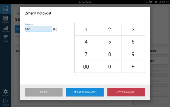 1.8 Změnit hotovost v pokladně Cesta: Domů -> Změnit hotovost v pokladně Slouží k přidání nebo odebrání hotovosti v pokladně.