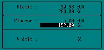 Po stisku klávesové kombinace <Alt K> se v okně placení objeví i přepočet nákupu na cizí měnu: Používání při prodeji Do oddílu Placeno je možno zadat skutečně placenou částku.
