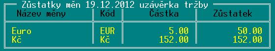 hotovost v pokladně Spouští se stiskem <Ctrl F6> a zobrazí vždy současný stav všech použitých měn: Tisky z pokladního deníku Obdobným
