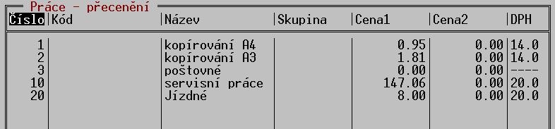 TRIFID 2018 STANDARD Uživatelská příručka Práce V prvním sloupci je uvedeno číslo, v následujících sloupcích se postupně nacházejí název, prodejní ceny 1 a 2, daňová sazba, nákupní cena a v posledním