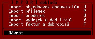 Přenos dokladů 24.3. Import dokladů Importované doklady je možno načíst selektivně podle požadovaného typu pomocí funkce IMPORT DOKLADŮ z nabídky DOKLADY.