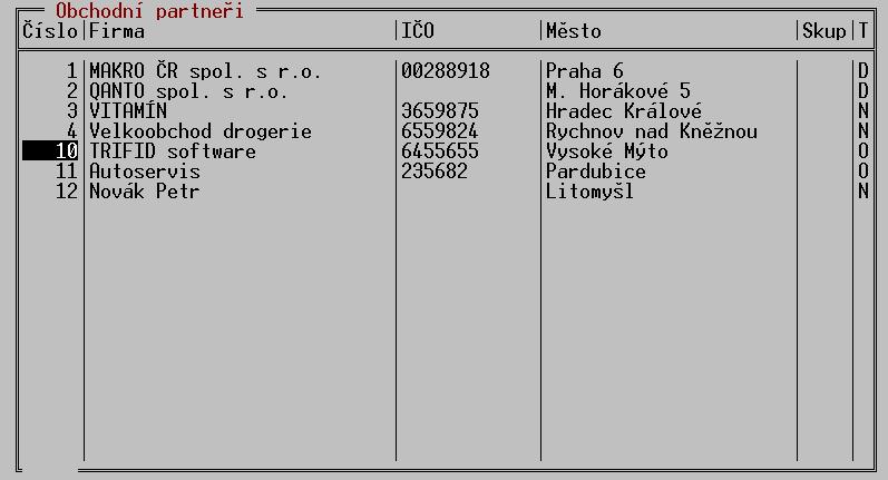 Obchodní partneři 7. Obchodní partneři Ovládání číselníku OBCHODNÍ PARTNEŘI je obdobné ovládání číselníku ZBOŽÍ, proto jsou zde popisovány pouze rozdíly mezi těmito dvěma číselníky.