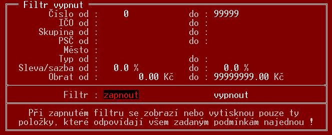 Program současně kontroluje také spolehlivost plátce a v případě problémů zobrazí varování: 7.3. Filtr Podobně jako u číselníku Zboží je i zde funkce FILTR pro výběr určitých položek.