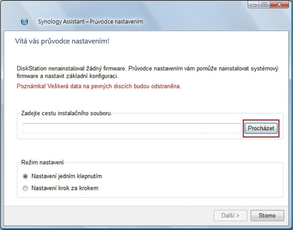 3 Klepnutím na možnost Procházet vyhledejte instalační soubor DSM_[název modelu]_[číslo].pat ve složce DSM na instalačním disku.