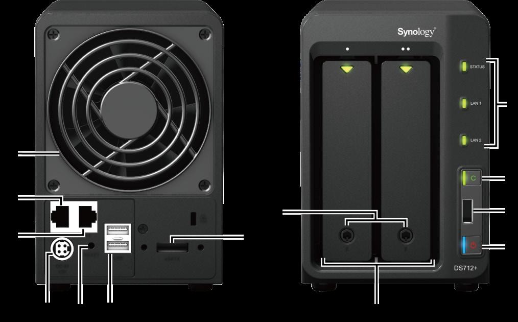 Synology DiskStation ve zkratce Č. Název prvku Místo Popis 1) Hlavní vypínač Přední panel Hlavní vypínač slouží k zapnutí a vypnutí stanice Synology DiskStation.