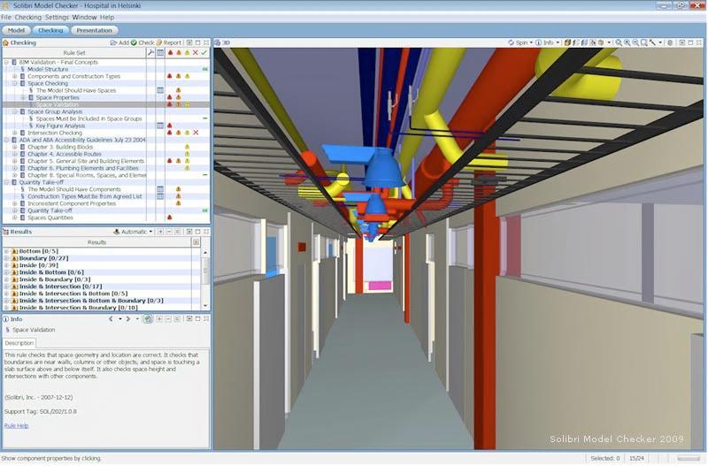 studie denního osvětlení, spotřeba vody, ENERGY STAR 36 hodnocení, studie přirozeného větrání. 5.4.2.2 Solibri Model Checker Software vyvinutý společností Solibri umožňuje prověření BIM modelu.