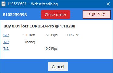 Červené tlačítko Uzavřít pokyn se používá k zavření pokynů. Dále můžete S/L, T/P nebo trailing stop upravit v odpovídajícím políčku v tomto dialogu.