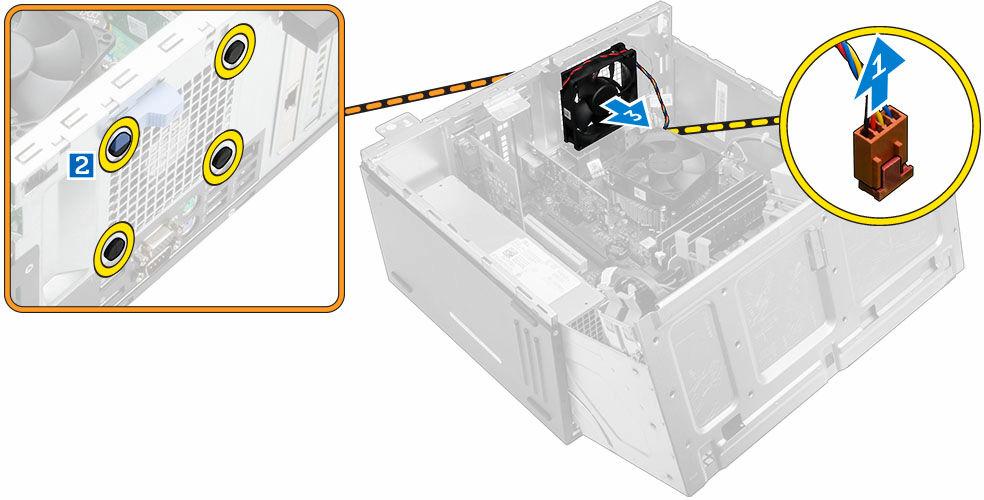 Demontáž systémového ventilátoru 1. Postupujte podle pokynů v části Před manipulací uvnitř počítače. 2. Demontujte následující součásti: rámeček. 3. Otevřete dvířka předního rámečku. 4.