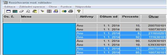 2 - Funkcia Mzdový interný doklad je upravená nasledovne: 1 - Rozúčtuje z vypočítanej mzdy MZ 100,111,113,117,121,120 (pevne dané) podľa zadaného útvaru a % z triedy 21568.