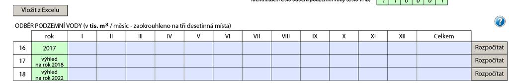b. Strana č. 2 a 3 4.b.1 Odběr podzemní vody Vyplňte množství odebrané podzemní vody: Tabulku lze vyplnit ručně nebo vložením údajů z tabulky programu Microsoft Excel: otevřete soubor v Excelu,