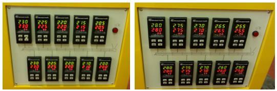 Optimální teploty v C pro vytlačování PP jsou na levé straně obrázku (Obr. 35) a teploty pro vytlačování PC jsou na pravé straně.