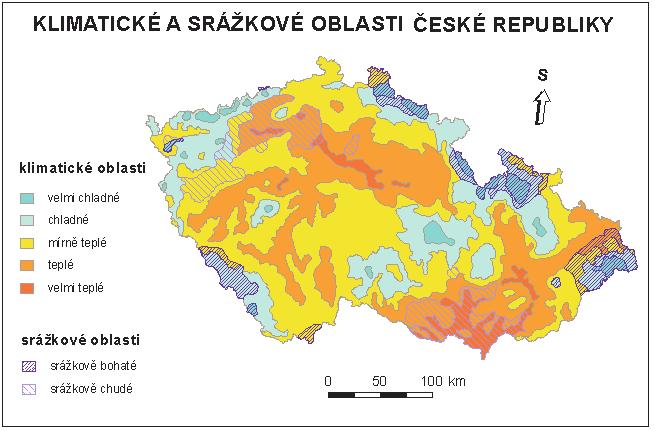 denní teploty stoupají nejvíce v zimním období, na jaře a v létě jen mírně a na podzim průměrné denní teploty lehce klesají. Klimatické a srážkové oblasti na našem území jsou znázorněny na Obr. 5.