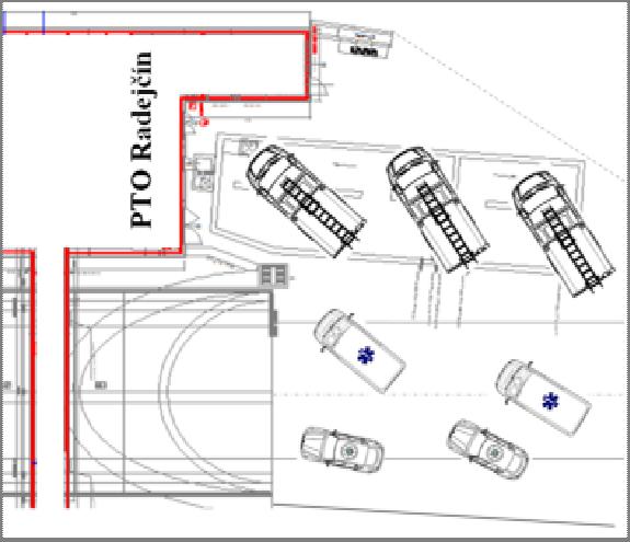 Obr. 18 Plocha pro dostavení zásahových vozidel IZS Zdroj: (15), Autorka Rozmístění vozidel je takové, aby byl mezi vozidly zajištěn dostatečný prostor pro pohyb zásahových týmů. Z obr.