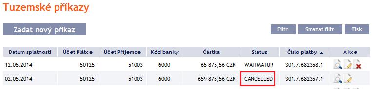 Pokud je požadavek na zrušení Tuzemského příkazu Bankou přijat a zpracován (tj.