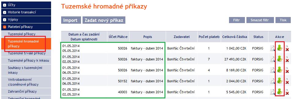 Zobrazí se detaily Tuzemského hromadného příkazu zde je nutné Tuzemský hromadný příkaz autorizovat postup je uveden v části I. Uživatelské příručky.