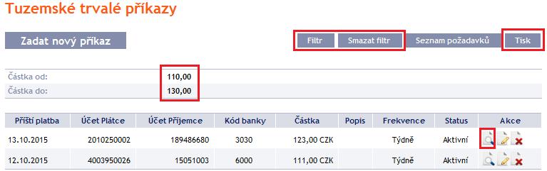 Systém nejdříve zrekapituluje zadaná kritéria pro filtr s výjimkou kritéria Všechny účty v poli Účet Plátce a kritéria Není vybráno v poli Frekvence (výběr těchto kritérií systém neuvádí).