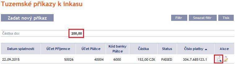 Tlačítkem Zpět na seznam se můžete vrátit na úvodní obrazovku Tuzemské příkazy k inkasu.