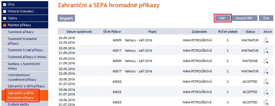 Zobrazí se detaily Zahraničního hromadného příkazu a/nebo SEPA hromadného příkazu zde je nutné Zahraniční hromadný příkaz a/nebo SEPA hromadný příkaz autorizovat postup je uveden v části I.