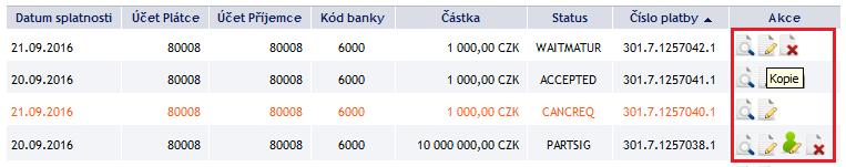 Zkratka Slovní označení Popis WAITFUNDS WAITMATUR WAITMATUR_H 3.2. Akce WAITFUNDS. Čeká na dostatečné krytí na účtu. WAITMATUR. Čeká na Datum splatnosti. WAITMATUR_H. Čeká na Datum splatnosti, Peněžní prostředky blokovány.