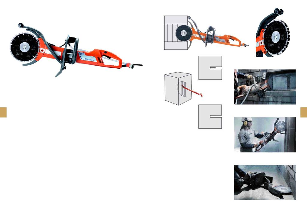 Husqvarna K 3000 Cut-n-Break 1. Dvojité speciální kotouče 230 mm poskytují vysokou rychlost řezání a výkon. Těsné řezání, tj. řezání v rozích těsně u stěn nebo odlah.