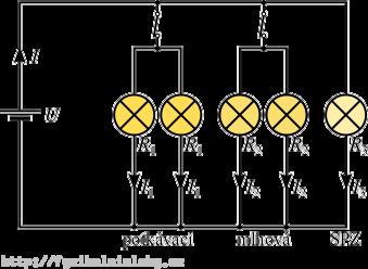 Dále určete celkový proud a proudy jednotlivými žárovkami. b) Řešení nápovědy zapnutí mlhových světel Schéma zapojení žárovek pro tuto situaci je na následujícím obrázku.