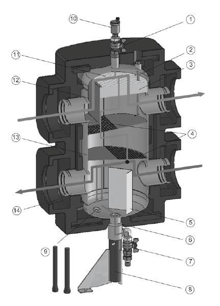 Schéma hydraulického stabilizátoru (DN 50 DN 200) Těleso: svařený kulatý zásobník s připojovacími hrdly z bezešvých ocelových trubek včetně drážky Victaulic.