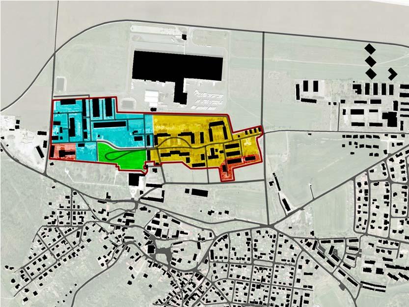 Plošné členění - návrh - zachováváme stávající funkční celek průmyslové zóny, východní část areálu dostane novou podobu, oproti ÚP pak pouze rozšiřujeme plochu vyhrazenou veřejné zeleni -