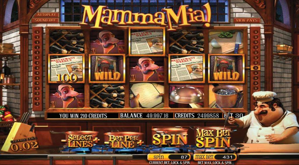Mamma Mia! je 5-valcový, multi-líniový výherný video prístroj. Vyhrať možno v závislosti od rozhodnutia hráča na 1-30tich herných líniách.