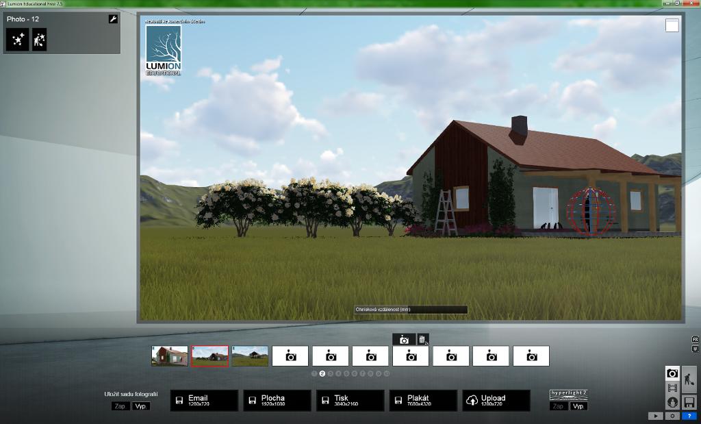 Lumion pro neintuitivní uživatele Pohled v náhledovém okně můžeme standardně upravit pomocí myši a klávesnice. Táhlem pod náhledem upravujeme ohniskovou vzdálenost kamery, tj.