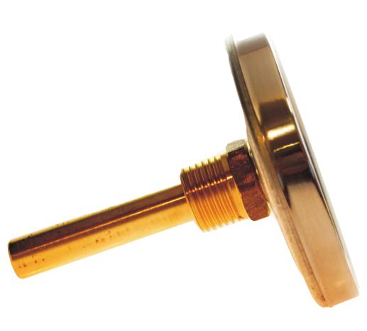 1. TEPLOMÌR TOPENÁØSKÝ ETR prùmìr 63, 80, 100, 160mm spodní, zadní pøípoj vèetnì CuZn jímky G1/2 POPIS: hlavice pozinkovaný plech stonek mìï prùzor akrylát souèástí teplomìru mosazná jímka se závitem