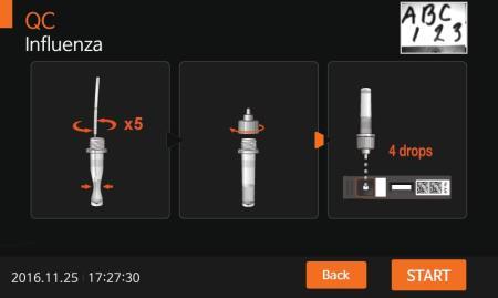 2. Jakmile se na obrazovce objeví Insert Device, vložte testovací kazetku pro konkrétní test do analyzátoru. 3.