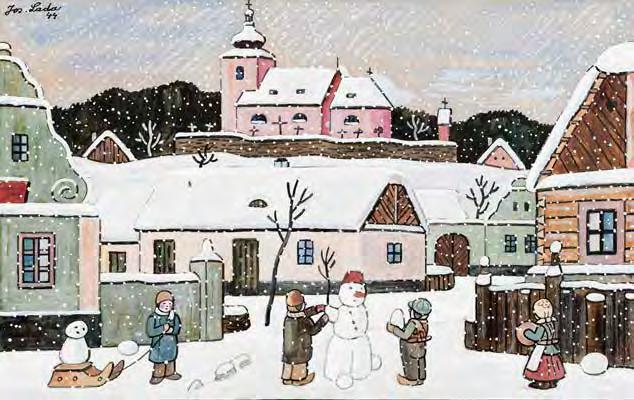 27. 5. 2018 PRAHA, ŽOFÍN 172 Josef Lada (1887 1957) Stavění sněhuláka kvaš na kartonu, 1944, sign. LN, 19 30 cm, rám, pasparta, zaskl.