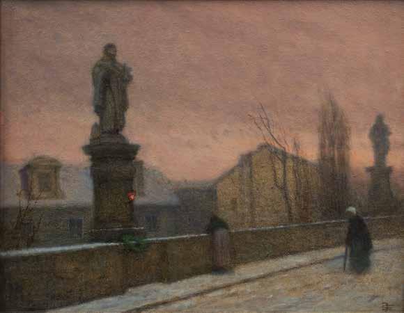 27. 5. 2018 PRAHA, ŽOFÍN SAMOSTATNÁ AUKCE 184 Jakub Schikaneder (1855 1924) Na Karlově mostě olej na lepence, 1910 1915, sign.