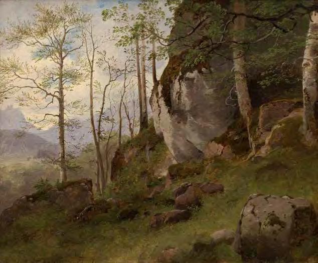 GALERIE KODL 80. AUKČNÍ DEN 53 Maximilián Haushofer (1811 1866) Jaro u Ramsau olej na lepence, 1864, sign. LD, 30 36 cm, rám Čarokrásná krajina v blízkosti Berchtesgadenu uchvacovala po celé 19.
