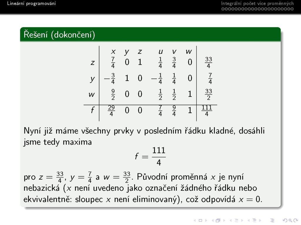 s Integrálni počet vice proměnných oooooooooooooooooooooo Řešení (dokončení) x V Z u V W z 7 4 0 1 i y 3 4 1 0 w 9 2 0 0 4 3 4 0 33 4 1 4 1 0 7 4 1 33 2 i 1 2 f 29 0 0 / 4 4 I 1 111 4 Nyní již máme