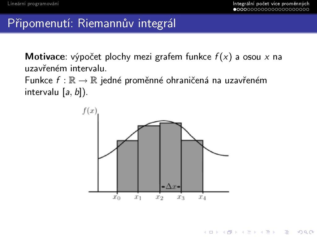 s Připomenutí: Riemannuv integrál Integrálni počet vice proměnných ooooooooooooooooooooo Motivace: výpočet plochy mezi grafem