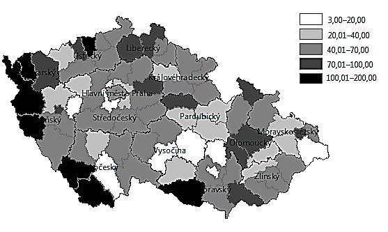 Dostupnost hazardních her Regionální rozložení všech TH povolených MF a VHP povolených